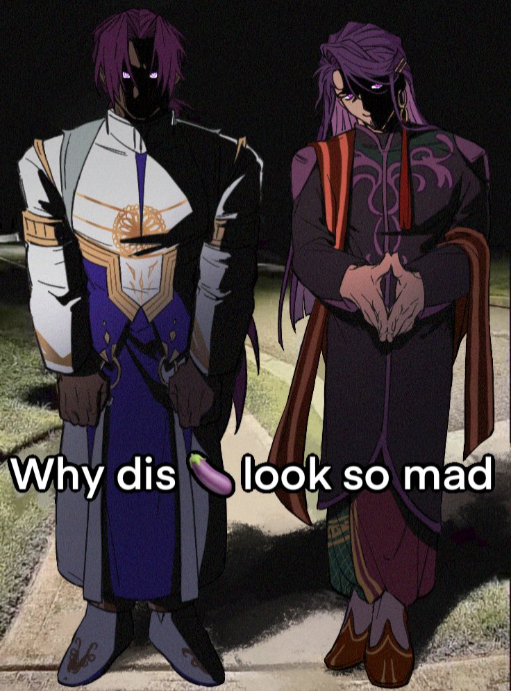 2boys bhima_(fate) bhima_(second_ascension)_(fate) duryodhana_(fate) earrings english_text eyes_in_shadow face_in_shadow facial_hair fate/grand_order fate_(series) glaring goatee goatee_stubble head_tilt itotouru_05 jewelry large_pectorals long_hair male_focus mature_male meme multiple_boys muscular muscular_male night outdoors own_hands_together partially_shaded_face pectorals photo_background purple_eyes purple_hair shaded_face side-by-side stubble thick_eyebrows why_dis_ninja_look_so_mad_(meme)