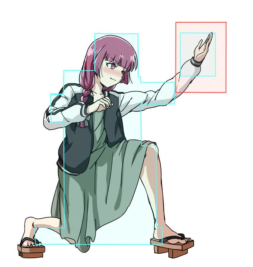 1girl @_@ black_jacket black_nails blush bocchi_the_rock! bow dress fighting_game fingernails full_body geta green_bow green_dress hair_bow hair_over_shoulder hiroi_kikuri hitbox hokuto_no_ken hokuto_no_ken:_shinpan_no_sousousei_kengou_retsuden jacket long_hair long_sleeves low-braided_long_hair low-tied_long_hair medium_dress multicolored_jacket nail_polish nose_blush open_clothes open_jacket pink_eyes pink_hair simple_background solo toenail_polish toenails toki_(hokuto_no_ken) torako_(toramaru) twitter_username two-tone_jacket watermark white_background white_jacket