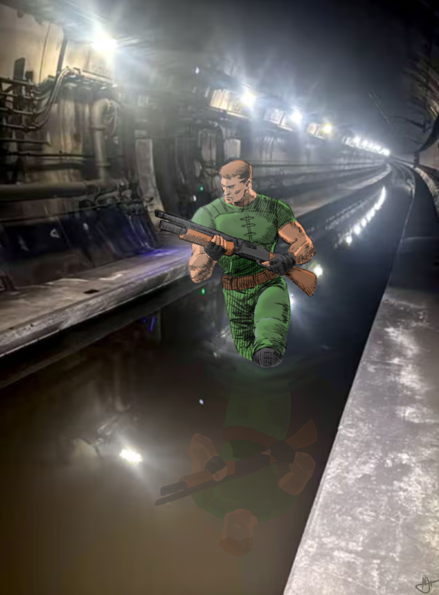 1boy ammunition_belt ammunition_pouch armor belt brown_hair doom_(series) doomguy fingerless_gloves gloves gun hotcoco photo_background pouch pump_action reflection sewer short_hair shotgun solo walking weapon