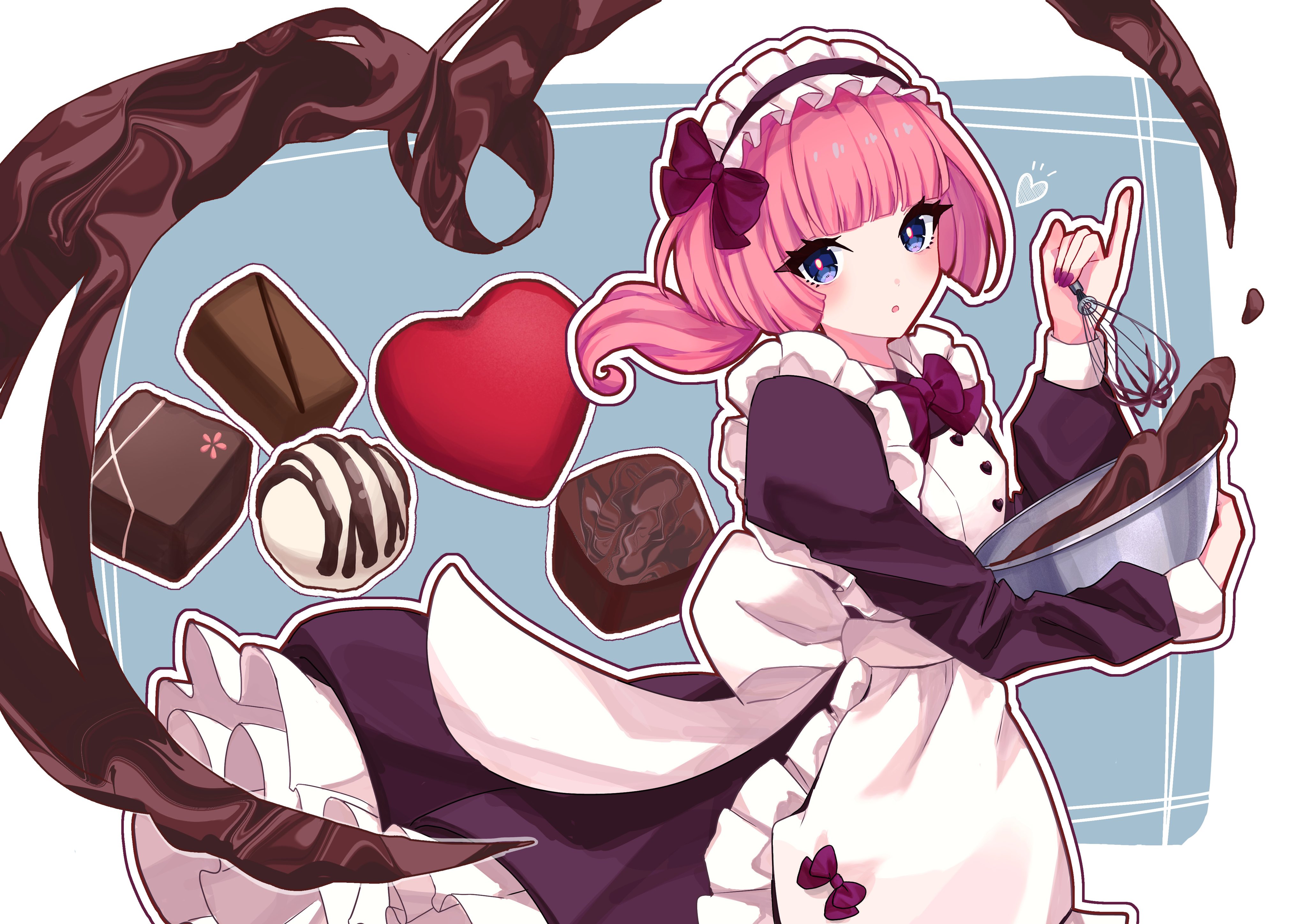 1girl absurdres apron back_bow black_dress blue_background blue_eyes blunt_bangs blunt_ends blush border bow bowl bowtie candy chocolate chocolate_heart commentary_request cowboy_shot dress food frilled_apron frilled_skirt frills hair_bow heart highres holding holding_bowl holding_utensil juliet_sleeves kaf_(kamitsubaki_studio) kamitsubaki_studio long_sleeves looking_at_viewer low_ponytail maid maid_apron maid_headdress mixing_bowl moemoebi multicolored_eyes open_mouth parted_lips pink_hair pinky_out ponytail puffy_sleeves purple_bow purple_bowtie purple_nails red_eyes skirt solo sweets three_quarter_view virtual_youtuber whisk whisking white_apron white_border white_bow yellow_pupils