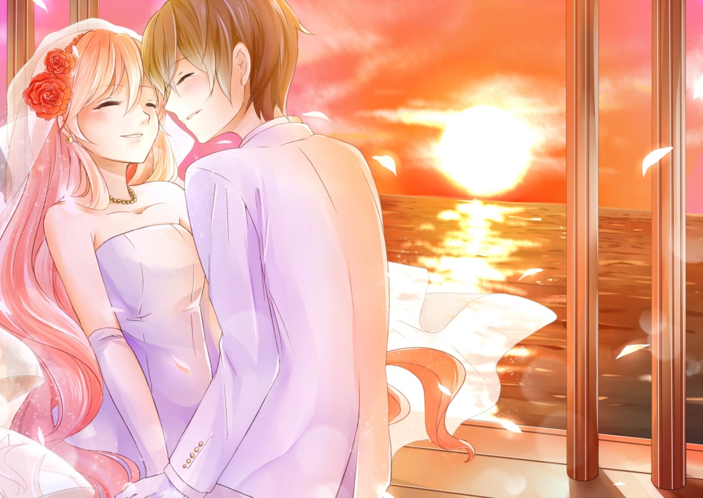 2girls bare_shoulders bridal_veil closed_eyes dress female_focus flower gloves hair_flower hair_ornament happy hazuki_natsu jewelry long_sleeves megurine_luka meiko_(vocaloid) multiple_girls necklace non-web_source parted_lips pink_hair short_hair sleeveless sleeveless_dress smile song_request source_request strapless strapless_dress sunset veil vocaloid water wedding wedding_dress white_gloves yuri