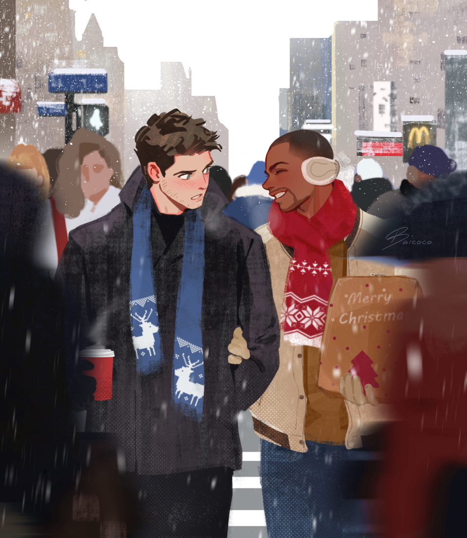 2boys 2girls 6+others animal_print artist_name baicoco2 beret black_coat black_gloves black_headwear black_pants black_shirt blonde_hair blue_eyes blue_pants blue_scarf blurry blush brown_gloves brown_hair brown_jacket brown_shirt bucky_barnes building buttons captain_america_(series) christmas_tree_print city closed_eyes coat commentary cup dark-skinned_male dark_skin day deer_print denim disposable_coffee_cup disposable_cup earmuffs english_commentary gloves hand_in_pocket hat holding holding_cup jacket long_hair long_sleeves looking_at_another marvel marvel_cinematic_universe merry_christmas multiple_boys multiple_girls multiple_others open_clothes open_jacket outdoors package pants purple_headwear red_scarf road sam_wilson scarf shirt short_hair sky skyscraper smile snowflake_print snowing steam teeth the_falcon_and_the_winter_soldier traffic_light walking white_coat white_sky winter yaoi