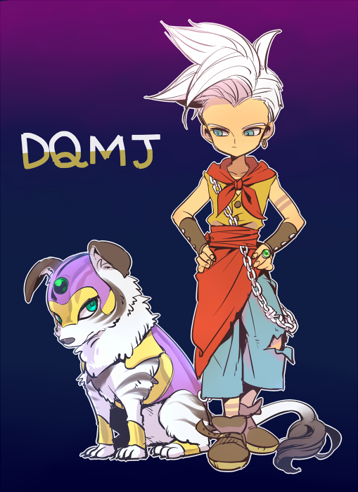 1boy 1other aqua_eyes bracer chain commentary_request copyright_name dog dragon_quest dragon_quest_monsters dragon_quest_monsters_joker earrings gold_earrings gradient_background hands_on_own_hips hero_(dqmj) hoop_earrings jewelry katori_(katokichi) looking_to_the_side male_focus pants ring short_hair spiked_hair torn_clothes torn_pants vest white_hair wulfspade yellow_vest