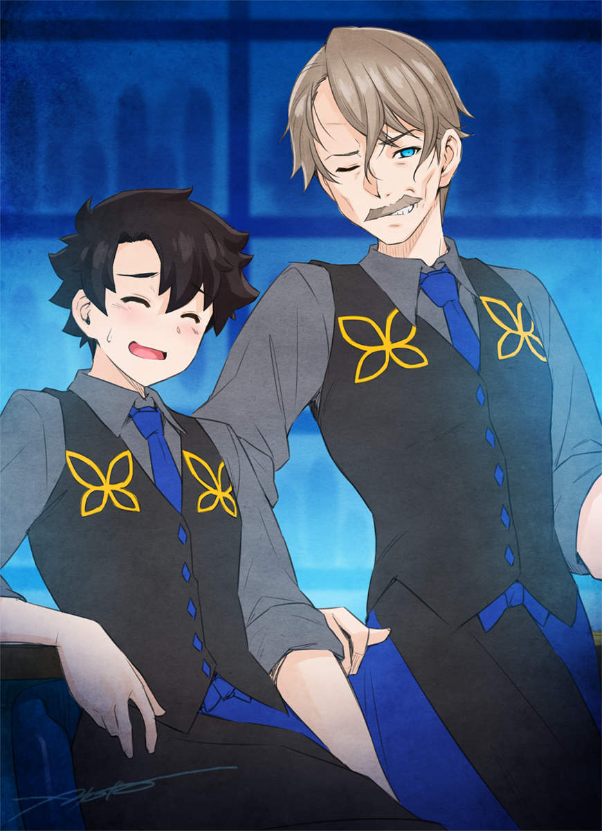 2boys animal_print bar_(place) black_hair blue_eyes blue_neckwear blush butterfly_print collared_shirt closed_eyes facial_hair fate/grand_order fate_(series) fujimaru_ritsuka_(male) grey_hair grey_shirt grin highres james_moriarty_(archer)_(fate) james_moriarty_(gray_collar)_(fate) kazuma_muramasa looking_at_viewer multiple_boys mustache necktie one_eye_closed open_mouth shirt short_hair sleeves_rolled_up smile spiked_hair vest