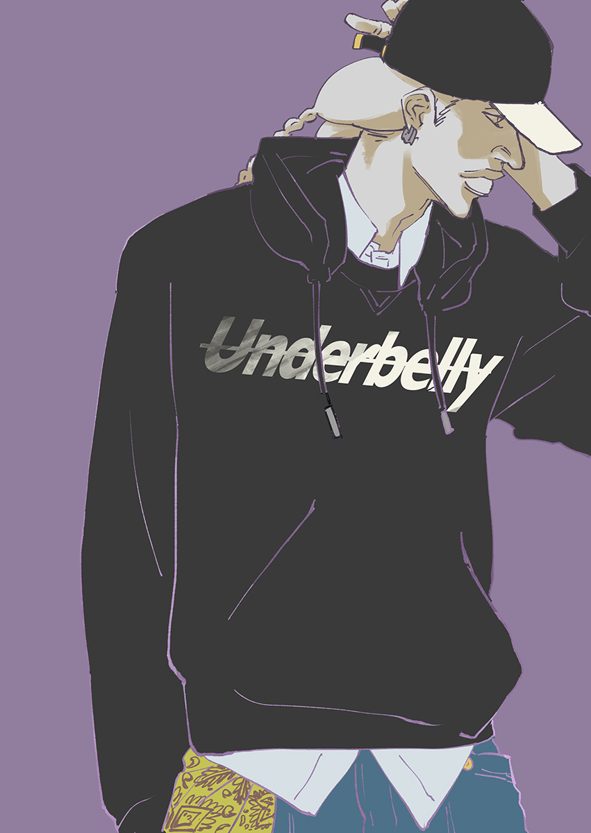 1boy baseball_cap black_hoodie bleach bleach:_sennen_kessen-hen braid denim drawstring earrings facing_away hand_on_own_face hat highres hood hoodie jeans jewelry kubo_tite long_hair male_focus nanana_najahkoop official_alternate_costume official_art pants shirt solo twin_braids upper_body white_shirt