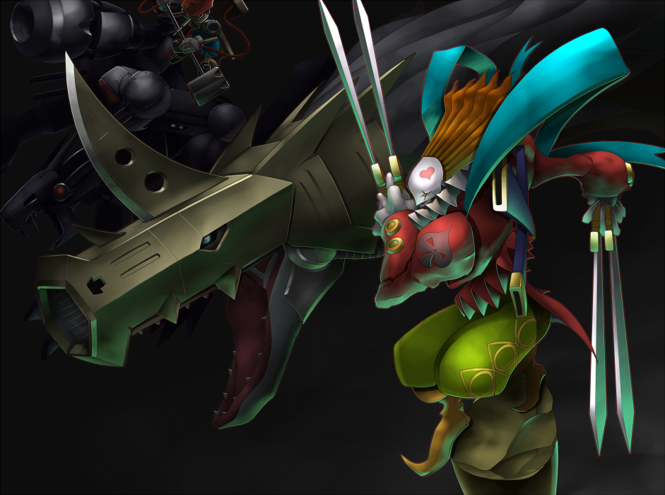 4boys android armor bandai_namco blade cannon dark_masters darkness digimon digimon_adventure fangs gomi_kushige helmet horns long_hair looking_at_viewer male_focus mask metalseadramon monster mugendramon multiple_boys no_humans piemon pinochimon puppet simple_background sword weapon