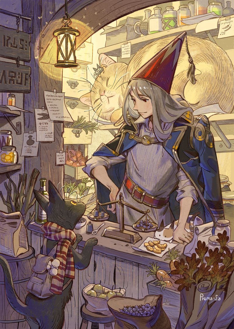 1boy animal backpack bag berry cat clothed_animal coat coat_on_shoulders counter drawer fantasy grey_hair hand_on_own_hip lantern long_hair onion original oversized_animal pointy_hat prema-ja red_headwear scarf shop sleeping weighing_scale wood