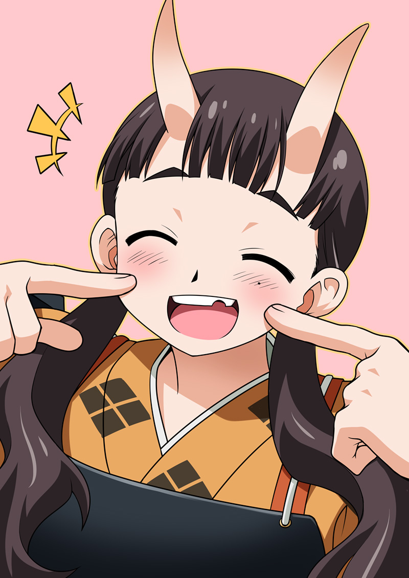 1girl :d ^_^ akou_roushi armor black_hair blunt_bangs blush cheek_poking chest_guard chipped_tooth closed_eyes commentary_request dou dungeon_meshi facing_viewer hair_over_shoulder horns inutade japanese_armor japanese_clothes kimono long_hair low_twintails mole mole_under_eye open_mouth orange_kimono pink_background poking poking_self print_kimono simple_background skin-covered_horns smile solo square square_print teeth twintails upper_body upper_teeth_only