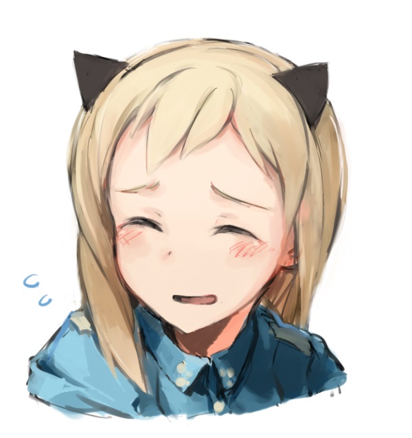 1girl animal_ears blonde_hair blush elma_leivonen female_focus flying_sweatdrops military military_uniform open_mouth shiraba_(sonomama_futene) simple_background smile solo strike_witches strike_witches:_suomus_misfits_squadron upper_body weasel_ears white_background world_witches_series