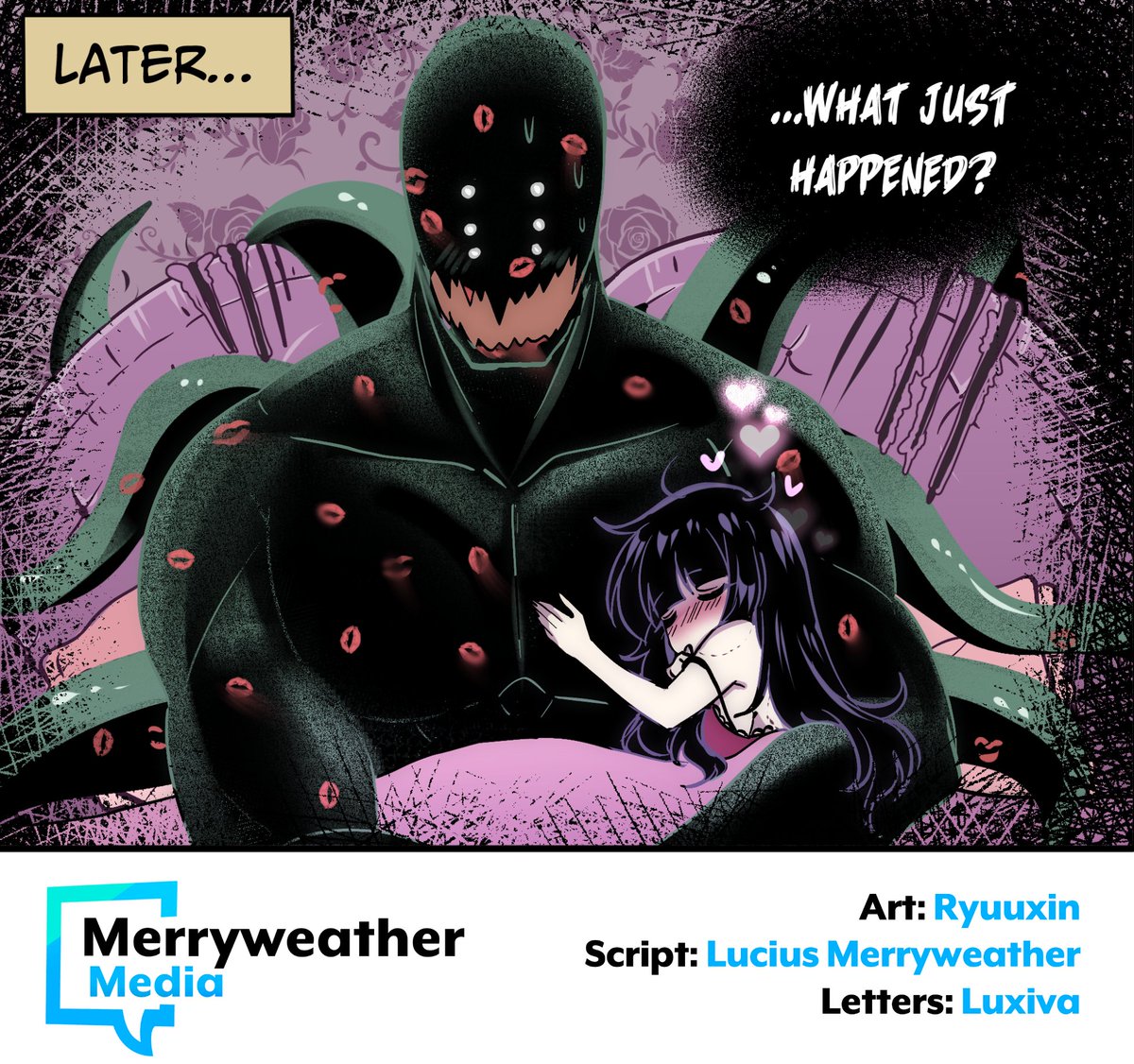 1girl bite_mark bite_mark_on_shoulder black_hair blush colored_speech_bubble english_text heart long_hair merryweather monster nightgown open_mouth original purple_nightgown ryuuxin sharp_teeth speech_bubble sweat teeth tentacles