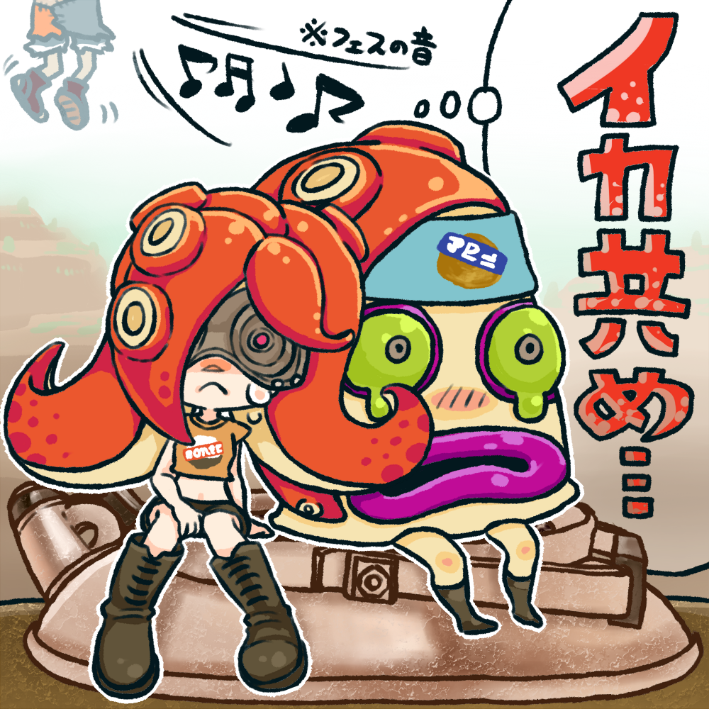 1girl bike_shorts boots bowl brown_footwear cap&#039;n_cuttlefish crop_top frown goggles gradient_background inkling long_hair musical_note navel nintendo octarian_(enemy) octotrooper orange_shirt purple_eyes red_hair rice rice_bowl shirt short_sleeves sitting splatoon_(series) splatoon_1 t-shirt takozonesu tears tentacle_hair tentacles translation_request tsurara_michi