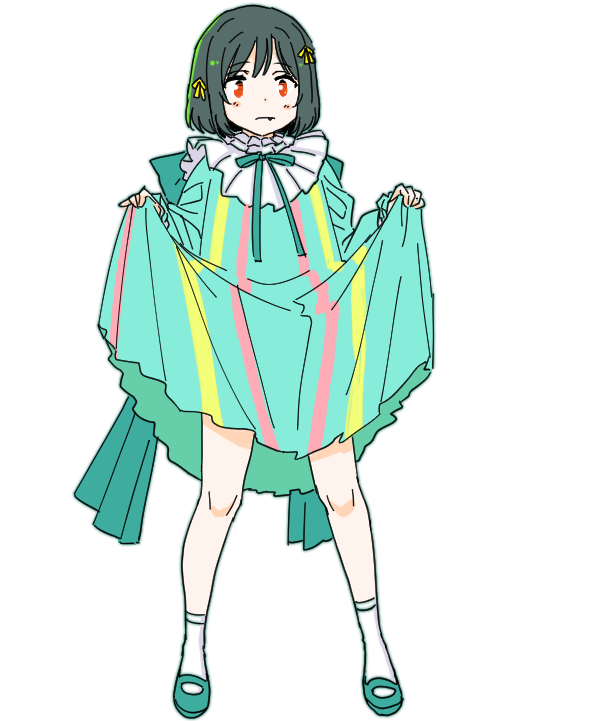 1girl alternate_color black_hair blush bob_cut closed_mouth commentary_request cosplay dress fang fang_out full_body green_dress green_ribbon green_shoes hair_ribbon long_sleeves love_live! love_live!_nijigasaki_high_school_idol_club mary_janes medium_dress mifune_shioriko mutekikyuu_believer nakasu_kasumi nakasu_kasumi_(cosplay) neck_ribbon orange_eyes revision ribbon shinanoya_(satanicad) shoes short_hair simple_background skirt_hold socks solo standing white_background white_socks yellow_ribbon