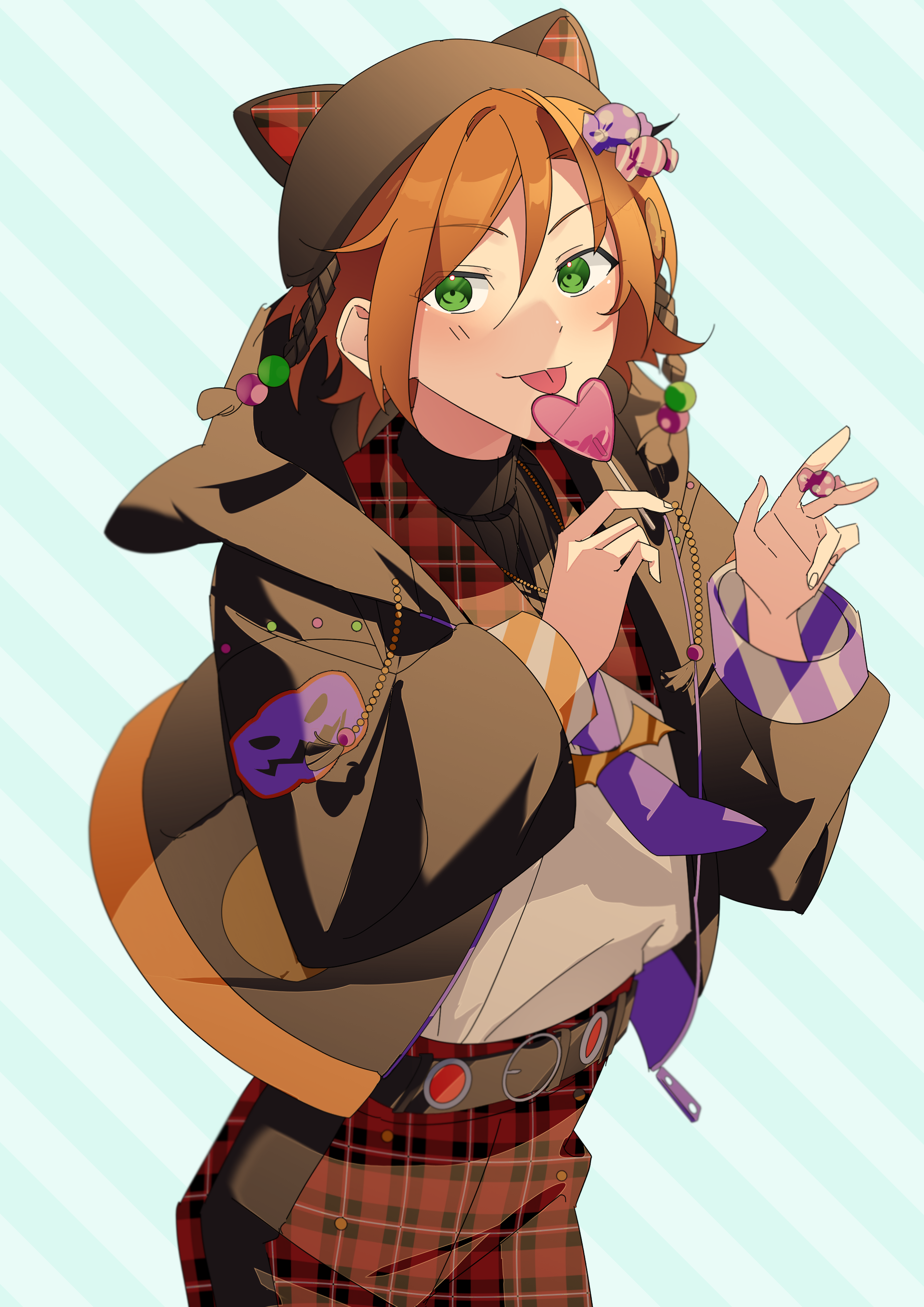 1boy :p absurdres animal_ear_headwear animal_ears aoi_yuta asymmetrical_sleeves beanie belt between_fingers bishounen black_belt black_hat black_hoodie blue_background candy candy_hair_ornament cat_ears diagonal-striped_background ensemble_stars! fake_animal_ears food food-themed_hair_ornament green_eyes hair_between_eyes hair_ornament hands_up hat hat_tassel heart heart-shaped_food heart-shaped_lollipop heidbd highres holding holding_candy holding_food holding_lollipop hood hood_down hoodie lapels layered_clothes leaning_forward licking lollipop looking_at_viewer male_focus mismatched_sleeves necktie o-ring o-ring_belt open_clothes open_hoodie orange_hair pants plaid_clothes plaid_collar plaid_pants purple_necktie shaped_lollipop shirt_tucked_in sideways_glance standing striped_background three_quarter_view tongue tongue_out wrapped_candy zipper