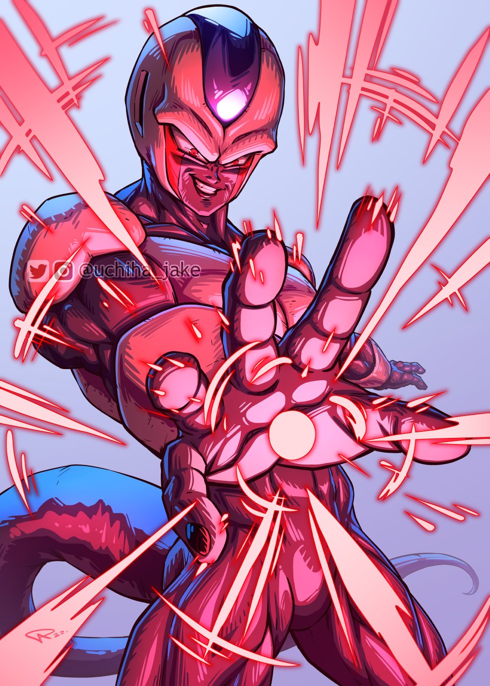 1boy arm_up artist_name biceps blue_background colored_skin commentary cooler_(dragon_ball) cowboy_shot dragon_ball dragonball_z energy english_commentary evil_grin evil_smile gradient_background grin highres instagram_logo instagram_username male_focus muscular muscular_male outstretched_arm outstretched_hand pectorals pink_theme red_eyes signature simple_background smile solo tail teeth twitter_logo twitter_username uchiha_jake v-shaped_eyebrows