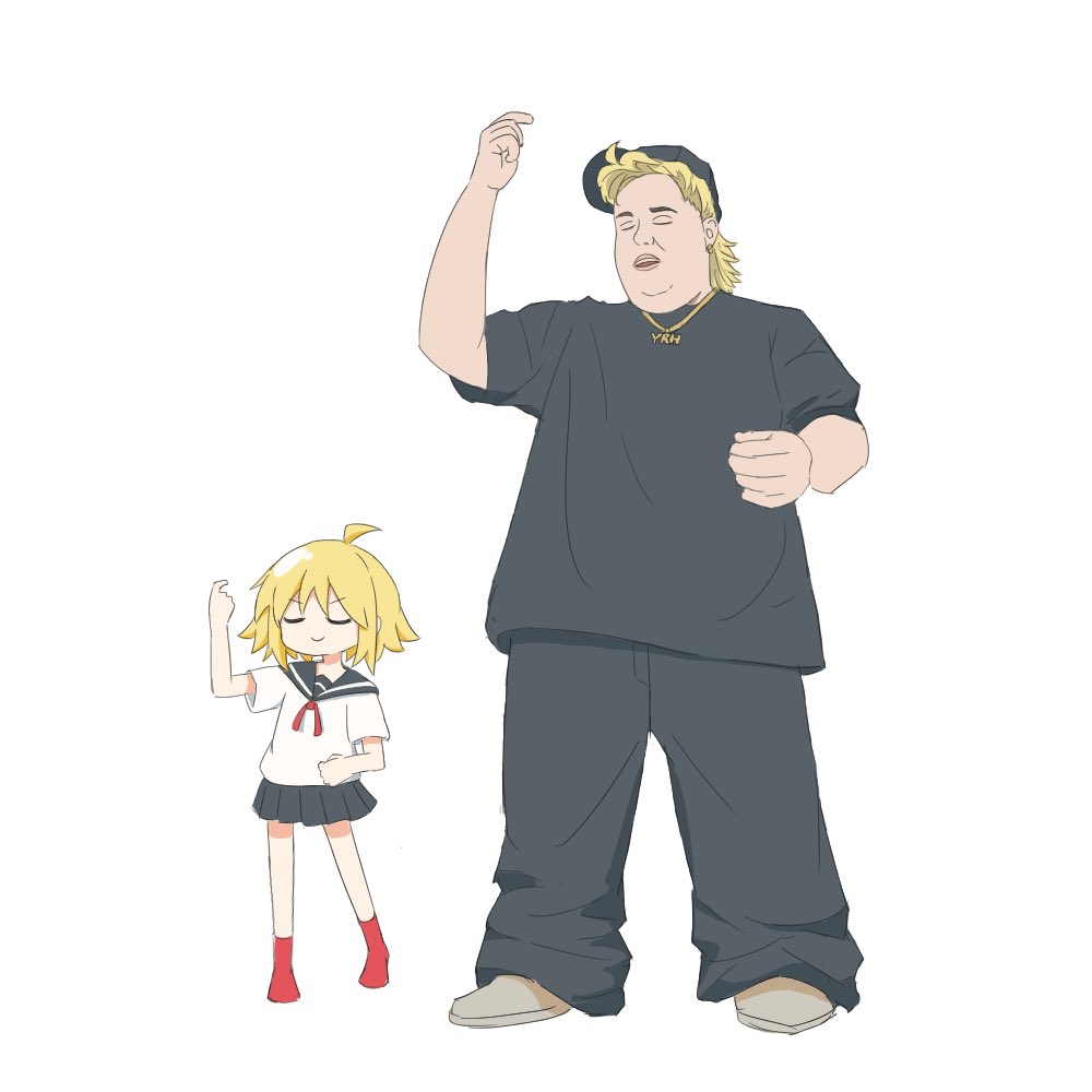 1boy 1girl ahoge baggy_clothes baseball_cap black_hat black_pants black_shirt blonde_hair closed_eyes closed_mouth full_body gonzales_ito grey_sailor_collar grey_skirt hand_up hat jewelry miniskirt neck_ribbon necklace no_shoes null-meta open_mouth pants pleated_skirt red_ribbon red_socks ribbon sailor_collar sailor_shirt school_uniform serafuku shirt shoes short_sleeves simple_background size_difference skirt smile socks standing t-shirt uozumi_kurumi white_background white_shirt