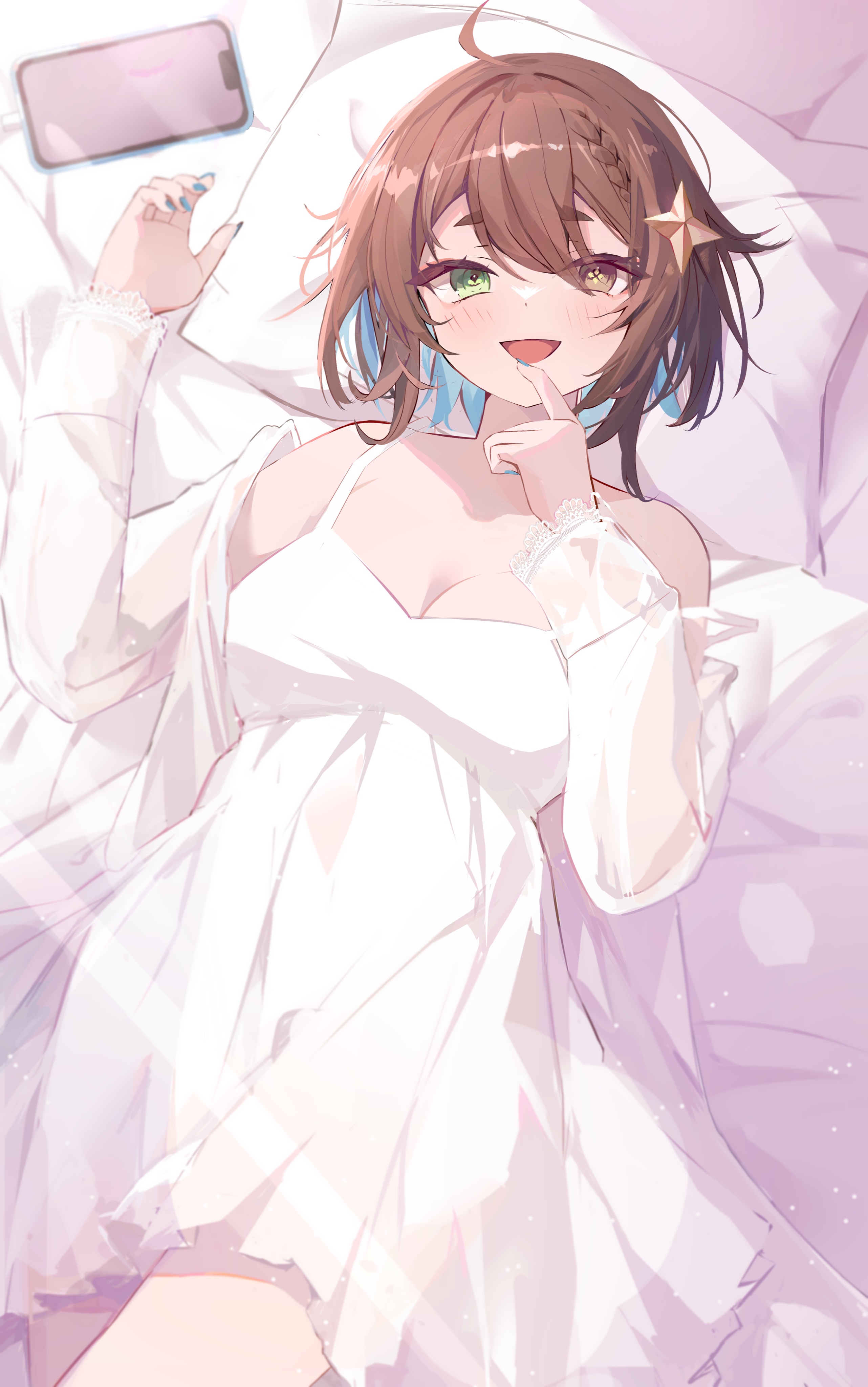 1girl :d absurdres ahoge alternate_costume bed_sheet blue_hair blue_nails blush braid breasts brown_eyes brown_hair cellphone cleavage colored_inner_hair cross-shaped_pupils dress eyes_visible_through_hair finger_to_mouth green_eyes hair_ornament hands_up heterochromia highres indie_virtual_youtuber jacket lace-trimmed_sleeves lace_trim large_breasts light_blue_hair light_blush light_particles light_rays looking_at_viewer lying medium_hair meica_(vtuber) messy_hair mismatched_pupils multicolored_hair off_shoulder on_back on_bed open_mouth phone pillow see-through_clothes see-through_jacket single_braid sleeveless sleeveless_dress smartphone smile solo sprout-shaped_pupils star_(symbol) star_hair_ornament sundress swept_bangs symbol-shaped_pupils tamago_nezumi thick_eyebrows two-tone_hair virtual_youtuber white_dress white_jacket