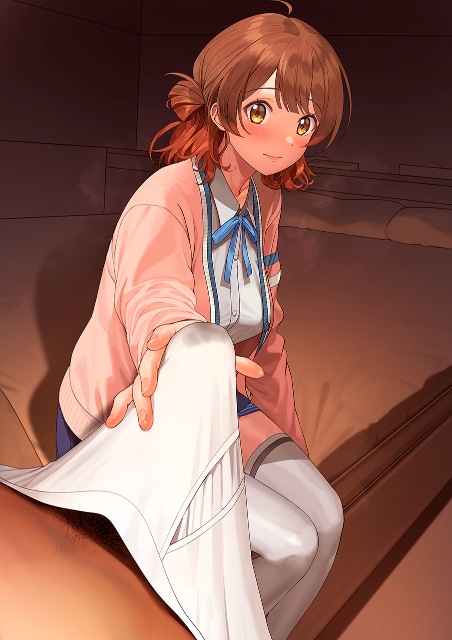 1boy 1girl a1_(initial-g) ahoge bed blue_ribbon blue_skirt blush breasts brown_eyes brown_hair bulge cardigan closed_mouth collared_shirt commentary_request erection gakuen_idolmaster gradient_hair hair_bun hanami_ume hetero highres idolmaster indoors long_sleeves male_pubic_hair male_underwear medium_breasts multicolored_hair neck_ribbon on_bed open_cardigan open_clothes panties pink_cardigan pubic_hair ribbon school_uniform shirt single_side_bun sitting skirt steaming_body thighhighs thighs underwear unworn_panties variant_set white_male_underwear white_shirt white_thighhighs