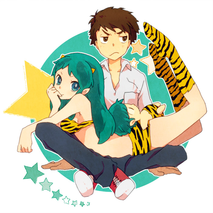 1girl 2boys angry animal_print aqua_eyes bad_id bad_pixiv_id brown_eyes brown_hair duplicate frown green_hair horns lum moroboshi_ataru multiple_boys oni pixel-perfect_duplicate star_(symbol) taraku ten_(urusei_yatsura) tiger_print urusei_yatsura