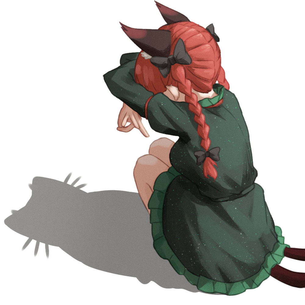 1girl animal_ears braid cat_ears cat_girl cat_shadow_puppet_(meme) chunjiu dress green_dress kaenbyou_rin meme multiple_tails red_hair shadow simple_background solo squatting tail touhou twin_braids two_tails white_background
