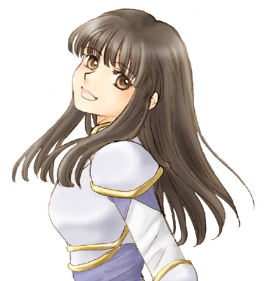 1girl :d armor astrid_(fire_emblem) bad_id black_hair breastplate brown_eyes fire_emblem fire_emblem:_path_of_radiance from_side long_hair looking_at_viewer lowres nintendo open_mouth pauldrons shoulder_armor simple_background smile solo suisyokyu upper_body