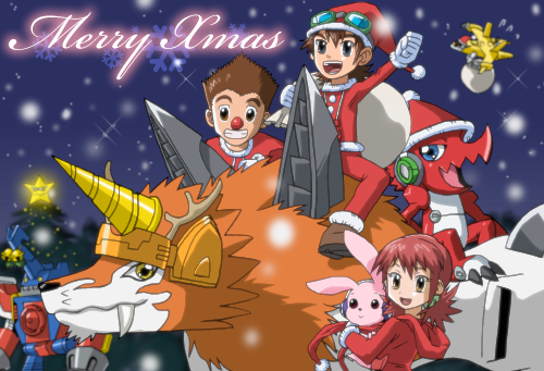 ballistamon christmas christmas_tree cutemon digimon digimon_xros_wars dorulumon hinomoto_akari kudou_taiki red_outifit shoutmon snowflakes sparrowmon starmon_(digimon_xros_wars) tagme tsurugi_zenjirou