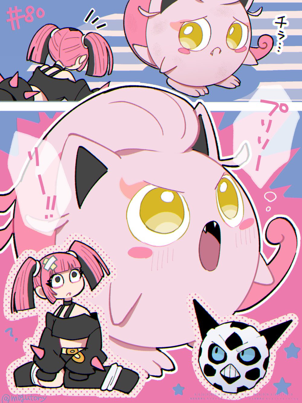 1girl bandaid bandaid_hair_ornament black_eyes black_hair black_shirt blunt_bangs coral_(pokemon) cropped_shirt fang gen_3_pokemon glalie hair_ornament highres long_sleeves midriff mogutory multicolored_hair nintendo pink_hair pokemon pokemon_(anime) pokemon_(creature) pokemon_horizons scream_tail shirt sleeves_past_fingers sleeves_past_wrists star_(symbol) translation_request twintails two-tone_hair