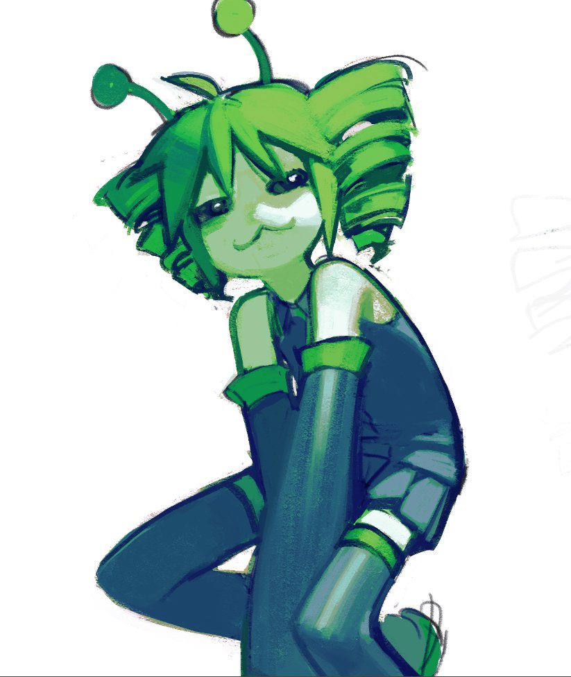 alienposting_(meme) antennae black_eyes colored_skin drill_hair green_hair green_skin kasane_teto kasane_teto_(utau) meme rainbowdeww synthesizer_v twin_drills utau white_background