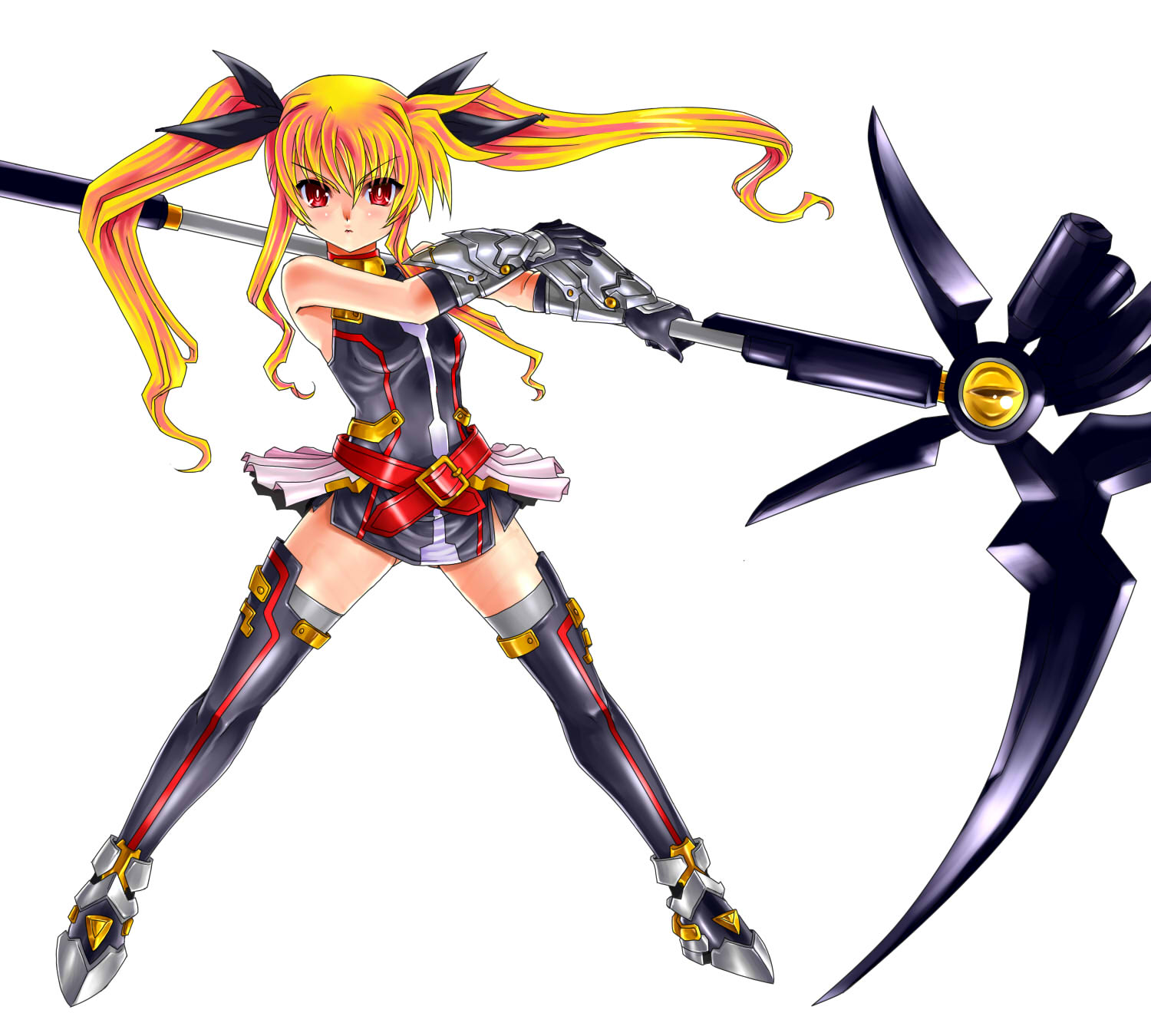 1girl bardiche_(nanoha) bardiche_(scythe_form)_(nanoha) bare_shoulders belt black_bow black_dress black_thighhighs blonde_hair bow breasts buckle commentary_request dress fate_testarossa fate_testarossa_(blaze_form) female_focus floating_hair full_body gao_(naodayo) gauntlets hair_between_eyes hair_bow highres holding holding_polearm holding_scythe holding_weapon long_hair looking_at_viewer loose_belt lyrical_nanoha magical_girl mahou_shoujo_lyrical_nanoha mahou_shoujo_lyrical_nanoha_a's mahou_shoujo_lyrical_nanoha_the_movie_2nd_a's polearm red_belt red_eyes scythe short_dress showgirl_skirt sidelocks simple_background sleeveless sleeveless_dress small_breasts solo standing thighhighs twintails v-shaped_eyebrows very_long_hair weapon white_background