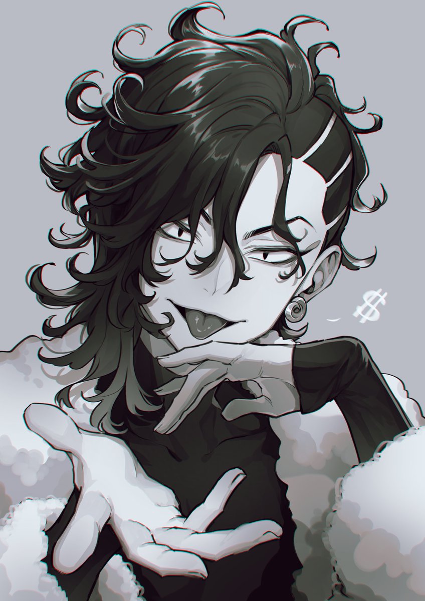 1boy asymmetrical_hair dollar_sign earrings fur_jacket greyscale highres jacket jewelry kokonoi_hajime long_hair long_sleeves looking_at_viewer male_focus monochrome nanin open_hand shirt single_earring sleeves_past_wrists solo tokyo_revengers tongue tongue_out tsurime v-shaped_eyebrows