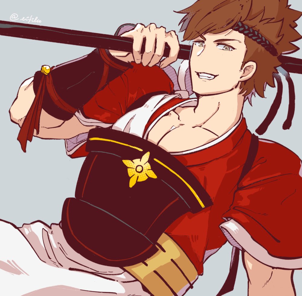 1boy brown_eyes brown_hair eifilet fire_emblem fire_emblem_fates headband holding holding_polearm holding_weapon japanese_clothes looking_at_viewer male_focus naginata nintendo polearm shiro_(fire_emblem) teeth weapon