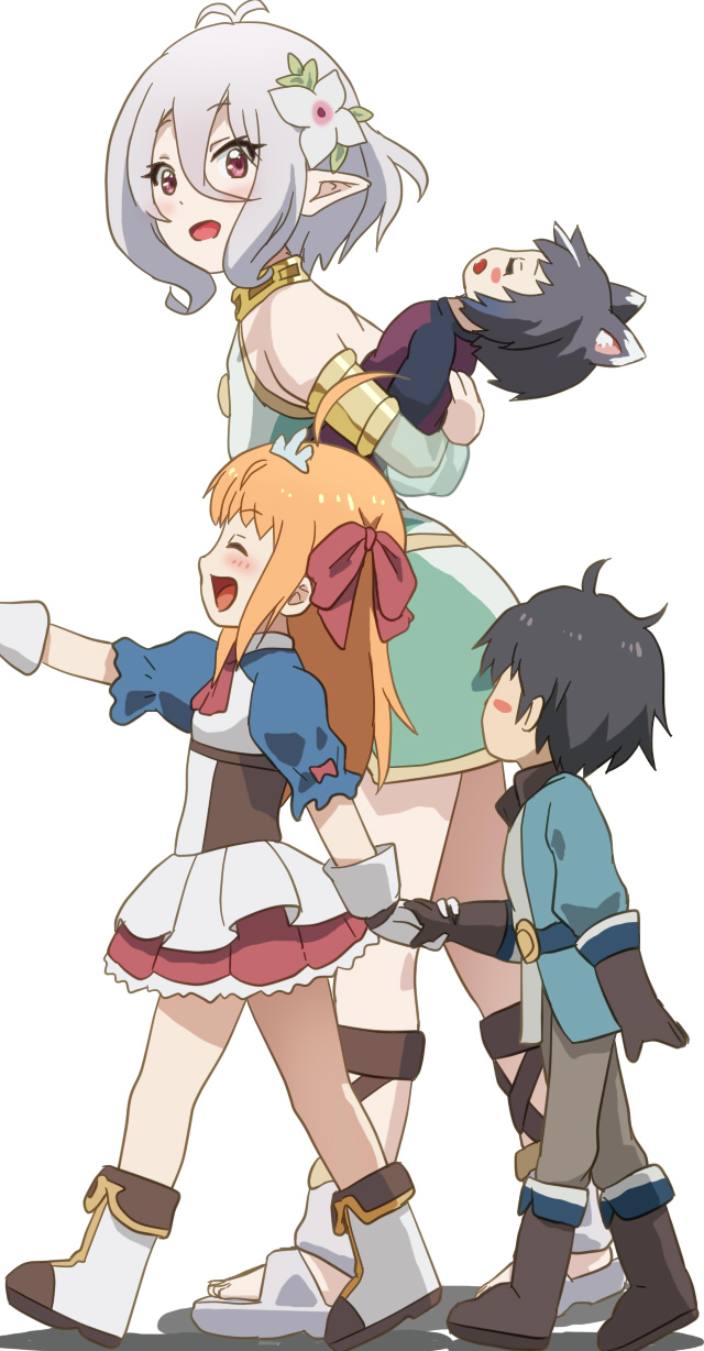 2boys 2girls :d aged_down animal_ears antenna_hair awa blush feet flower full_body hair_between_eyes hair_flower hair_ornament highres kokkoro_(princess_connect!) long_hair multiple_boys multiple_girls open_mouth pecorine_(princess_connect!) pink_eyes princess_connect! short_hair simple_background skirt smile white_background white_flower white_hair yuuki_(princess_connect!)