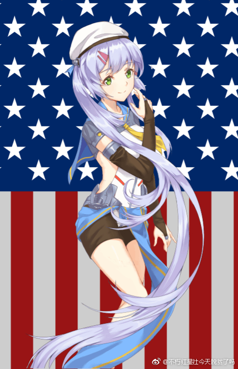 1girl american_flag armor beret black_shorts blue_hair bridal_gauntlets buxiuhongxingshe_jintiantuopinlema closed_mouth elbow_gloves english_text flag_background gloves green_eyes hair_ornament hairclip hat hoel_(warship_girls_r) long_hair looking_at_viewer neckerchief sailor_collar shorts side_ponytail smile solo standing star_(symbol) very_long_hair warship_girls_r watermark weibo_watermark white_hat yellow_neckerchief