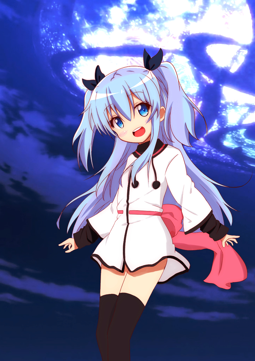 1girl black_ribbon black_thighhighs blue_eyes blue_hair blush bow dress feet_out_of_frame female_focus hair_between_eyes long_hair looking_at_viewer nagomi_yayado night night_sky noel_(sora_no_method) open_mouth outdoors pom_pom_(clothes) ribbon short_twintails sky sleeves_past_wrists solo sora_no_method standing teeth thighhighs twintails very_long_hair wide_sleeves