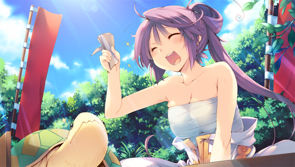 1girl aquaplus bare_shoulders breasts cleavage closed_eyes day dungeon_travelers_2 female_focus flag holding houzouji_yae kokonoka light_rays long_hair open_mouth outdoors purple_hair sarashi sky solo turtle