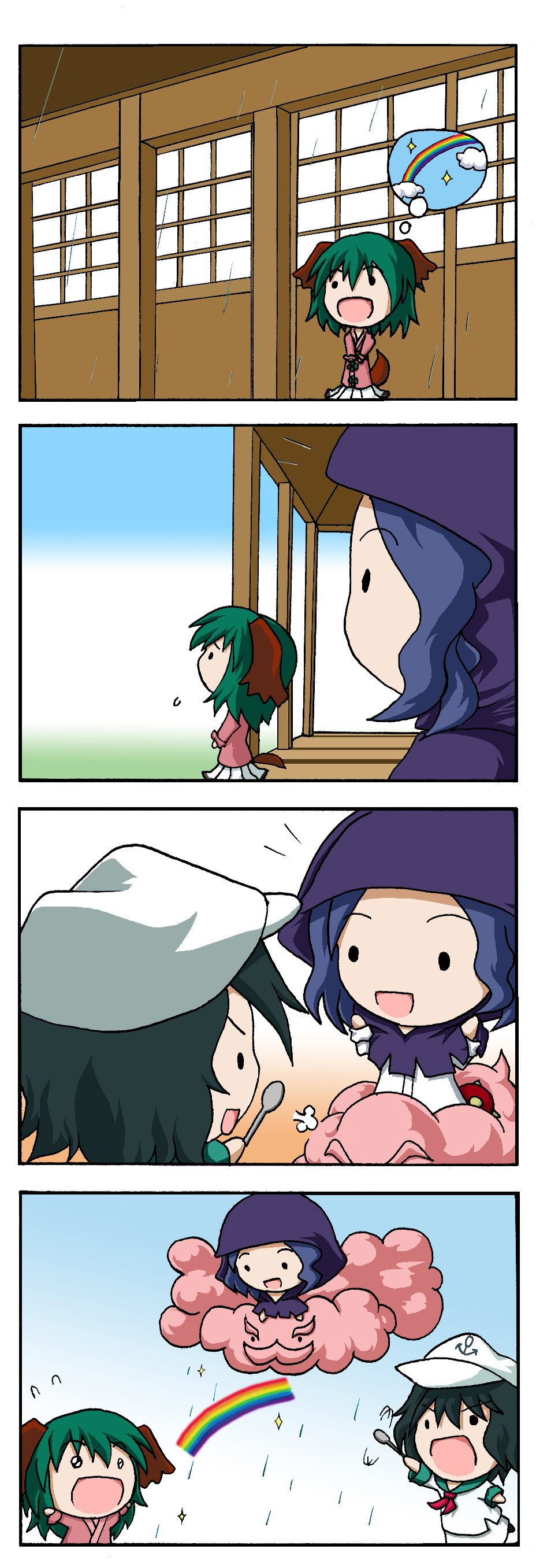 &gt;:d ._. 3girls 4koma :d absurdres animal_ears black_hair blue_hair chibi cloud comic day green_hair happy hat highres hood kasodani_kyouko kumoi_ichirin multiple_girls mundane_utility murasa_minamitsu open_mouth rain rainbow rakugaki-biyori sailor_hat silent_comic smile sparkle spiny_egg spoken_object tail thinking touhou unzan v-shaped_eyebrows when_you_see_it