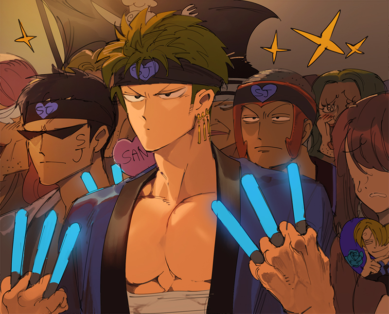 asymmetrical_bangs bald black_hair blonde_hair closed_mouth earrings flag gin_(one_piece) green_hair hair_over_one_eye headband jewelry johnny_(one_piece) one_piece roronoa_zoro runa_(nori31291404) sanji_(one_piece) short_hair single_earring smile sunglasses yosaku_(one_piece)