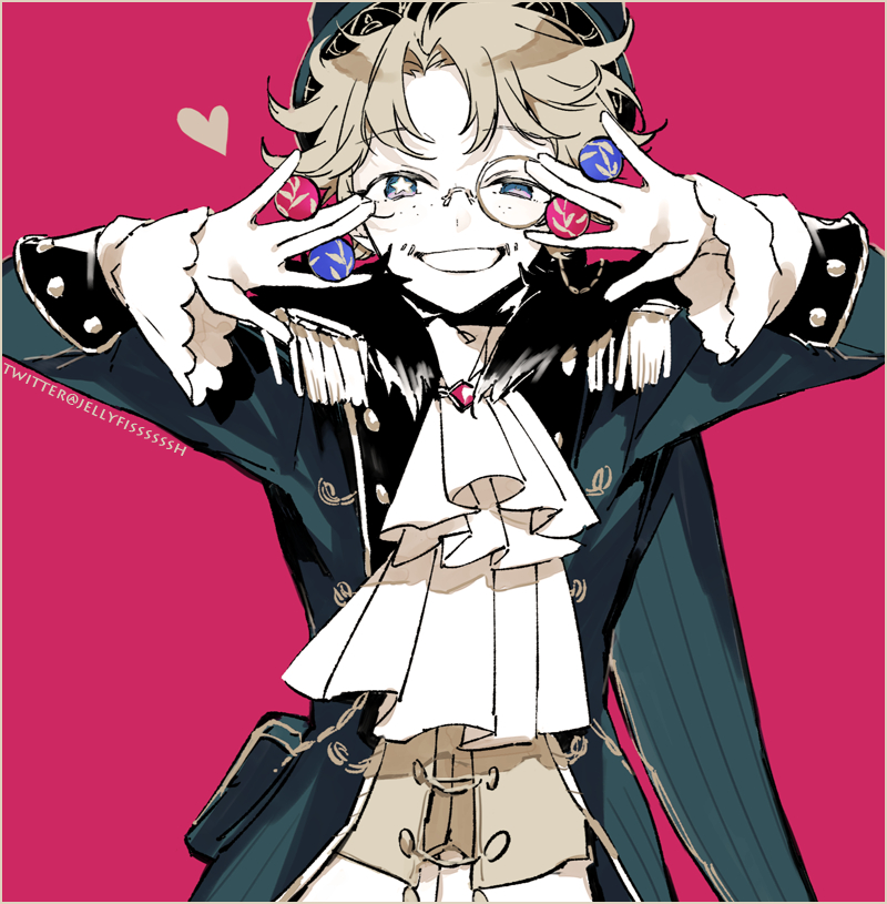 ascot ball blonde_hair blue_eyes bright_pupils epaulettes freckles frilled_sleeves frills fur_trim hat heart identity_v jellyfisssh kurage_ichi male_focus mike_morton mike_morton_(mr._swifts) mismatched_pupils monocle official_alternate_costume pale_skin pink_background short_hair simple_background smile solo star-shaped_pupils star_(symbol) symbol-shaped_pupils twitter_username white_ascot white_pupils ||/