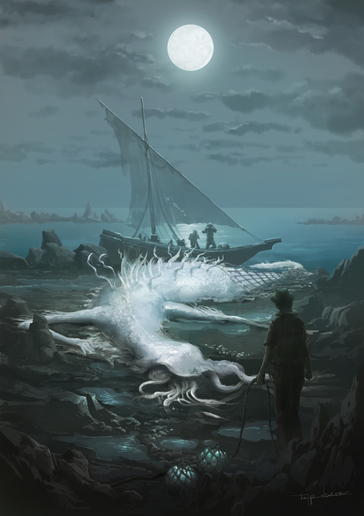 1boy 1girl bloodborne boat covered_eyes eldritch_abomination fins full_moon hat highres kos_(bloodborne) monster moon ocean signature tentacle_hair tentacles tripdancer water watercraft