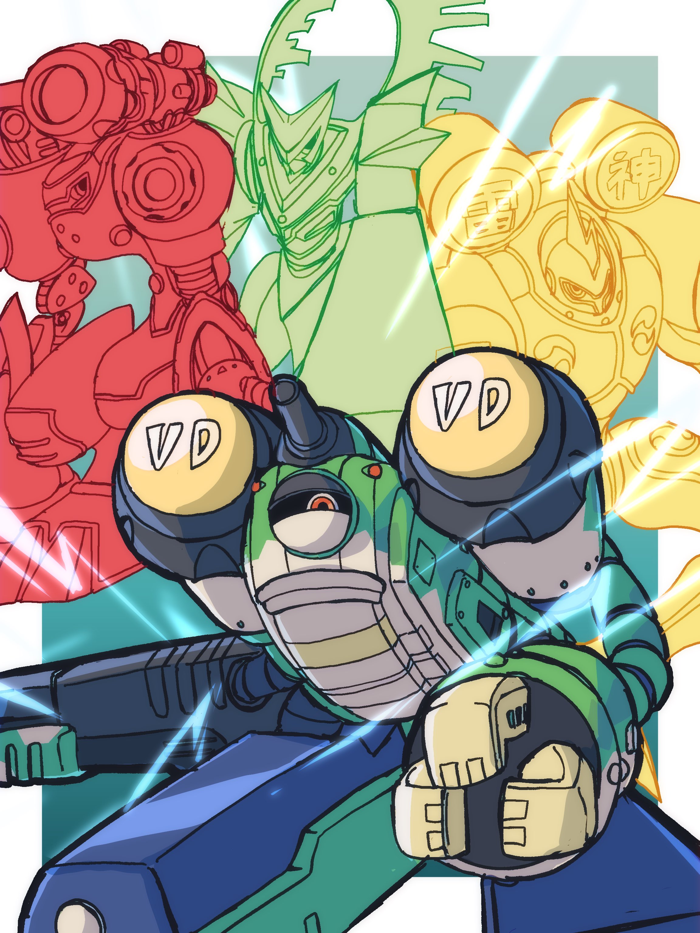 absurdres armor border digimon digimon_(creature) evolutionary_line fujinmon green_armor green_background group_picture highres mecha megane_mochi non-humanoid_robot raidenmon raijinmon robot shoulder_cannon simple_background suijinmon white_border