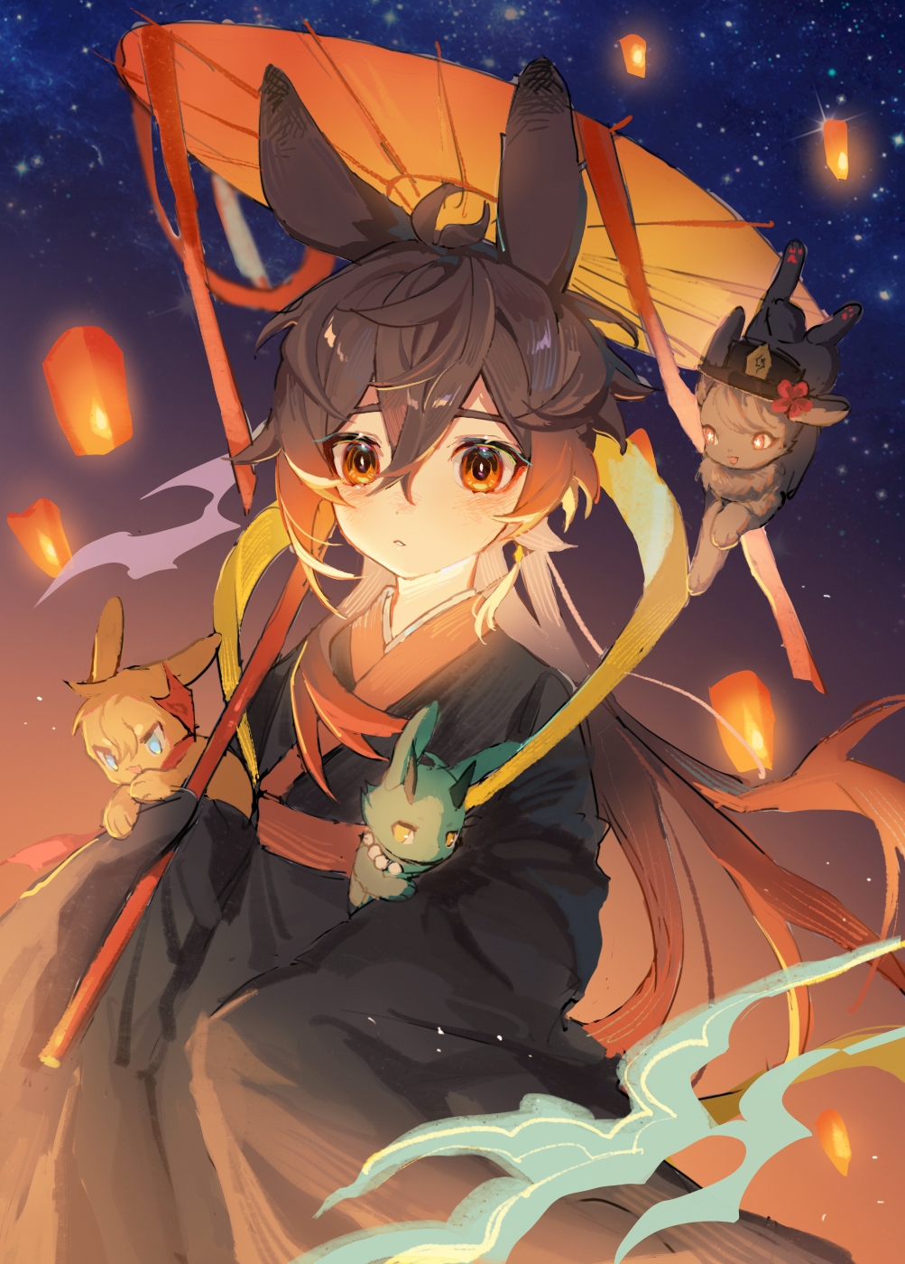 1boy animalization antenna_hair brown_hair chinese_clothes chinese_commentary commentary_request earrings eyeliner genshin_impact hair_between_eyes highres holding holding_umbrella hu_tao_(genshin_impact) jewelry lantern lantern_festival long_hair long_sleeves looking_at_viewer lop_rabbit_ears makeup oil-paper_umbrella orange_eyes orange_hair paper_lantern rabbit_ears red_eyeliner red_mask single_earring sky_lantern suirandanshihao tartaglia_(genshin_impact) tassel tassel_earrings umbrella xiao_(genshin_impact) zhongli_(genshin_impact)