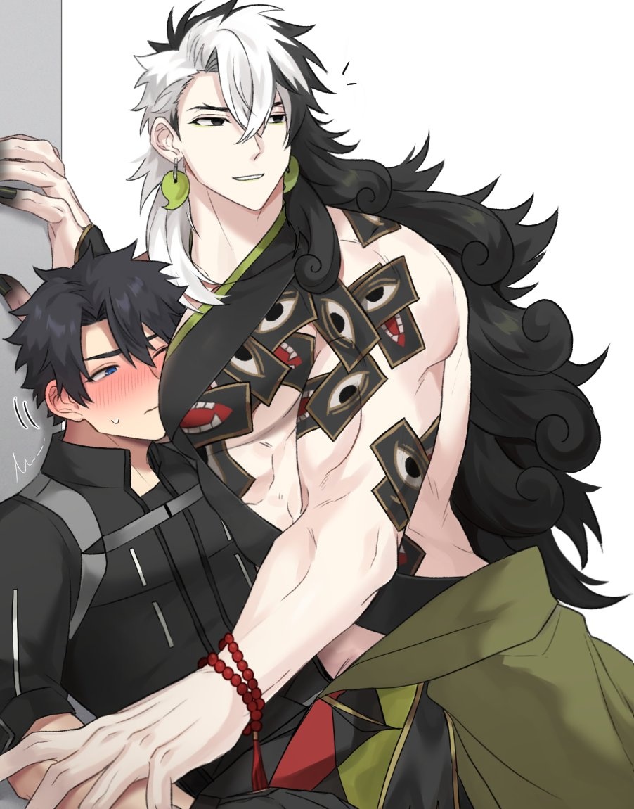 2boys abs against_wall ashiya_douman_(fate) ashiya_douman_(second_ascension)_(fate) bead_bracelet beads between_pecs between_pectorals black_gloves black_hair black_hands black_nails black_pants black_shirt blue_eyes blush bracelet collarbone colored_extremities earrings embarrassed eye_print fate/grand_order fate_(series) fingernails from_side fujimaru_ritsuka_(male) gloves green_kimono hair_between_eyes harness head_between_pecs high_collar japanese_clothes jewelry kimono kimono_around_waist large_pectorals long_hair magatama magatama_earrings male_focus mouth_print multicolored_hair multiple_boys muscular muscular_male notice_lines one_eye_closed pants pectorals seum_(kao_husband) sharp_fingernails shirt short_hair simple_background size_difference smile split-color_hair sweatdrop toned toned_male very_long_hair white_background white_hair yaoi