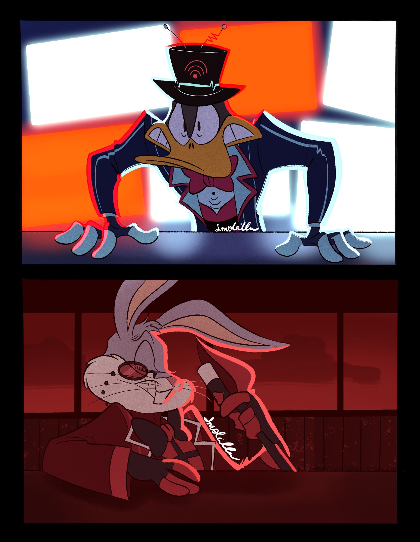 2boys alastor_(hazbin_hotel) alastor_(hazbin_hotel)_(cosplay) animal_ears black_bow black_bowtie black_hat black_jacket bow bowtie bugs_bunny clenched_teeth cosplay daffy_duck fingerless_gloves gloves grin hat hazbin_hotel highres indoors jacket long_sleeves looney_tunes monocle multiple_boys priscilla_(smolcilla) profile rabbit_ears red_bow red_bowtie red_jacket smile teeth vox_(hazbin_hotel) vox_(hazbin_hotel)_(cosplay)
