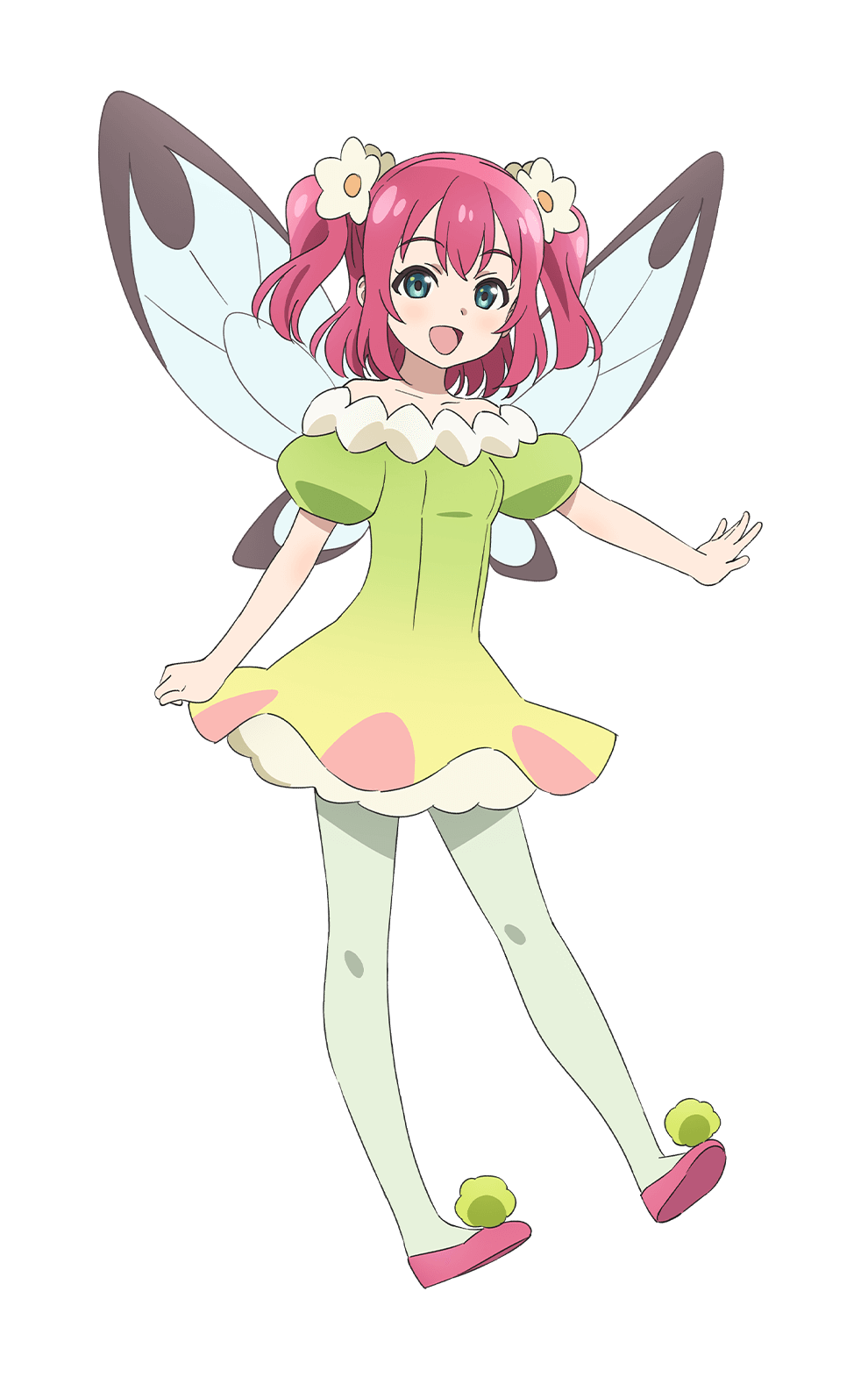 1girl :d aqua_eyes bare_shoulders collarbone dress fairy fairy_wings flats flower full_body genjitsu_no_yohane green_dress green_pantyhose hair_flower hair_ornament highres kurosawa_ruby looking_at_viewer love_live! love_live!_sunshine!! medium_hair off-shoulder_dress off_shoulder official_art open_mouth outstretched_arm pantyhose puffy_short_sleeves puffy_sleeves red_hair red_shoes ruby_(genjitsu_no_yohane) shoe_soles shoes short_dress short_sleeves simple_background smile solo tachi-e transparent_background two_side_up white_flower wings