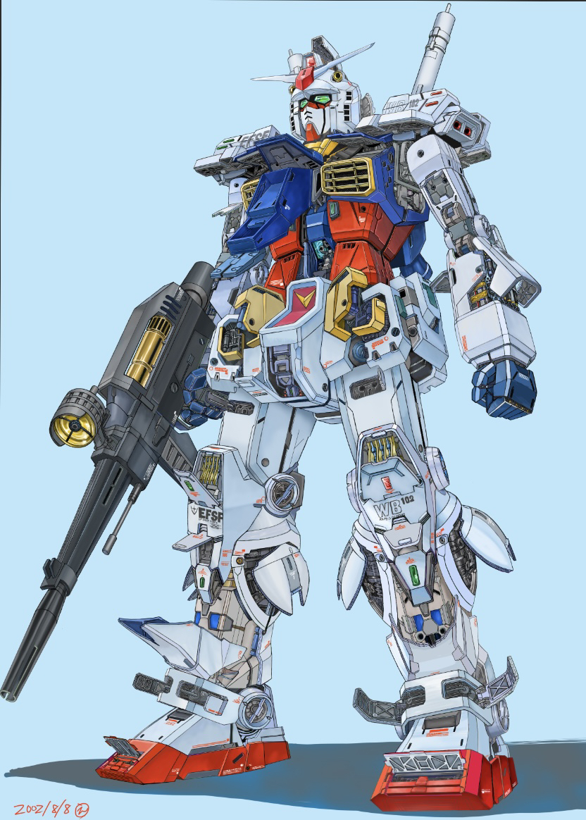 2002 beam_rifle clenched_hand colored_pencil_(medium) commentary_request cross-section dated earth_federation_space_forces energy_gun green_eyes gundam machinery maintenance mecha mecha_focus mobile_suit mobile_suit_gundam no_humans open_hatch robot roundel rx-78-2_gundam scan science_fiction signature traditional_media user_tgxr4427 v-fin weapon
