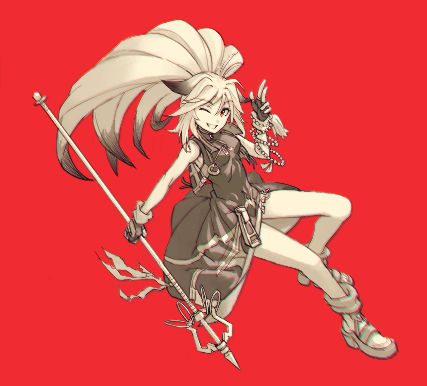 1girl ahoge animal_ears beads blonde_hair breasts china_dress chinese_clothes dress fingerless_gloves fox_ears gloves grin hair_between_eyes holding holding_weapon long_hair looking_at_viewer medium_breasts multicolored_hair namco_x_capcom pelvic_curtain ponytail prayer_beads project_x_zone red_background red_eyes sandals shakujou simple_background smile solo staff two-tone_hair vest weapon xiaomu yan_(age0614) zipper