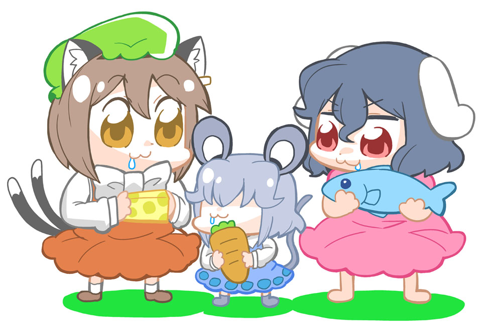 3girls :3 animal_ears bkub black_hair bow brown_eyes brown_hair carrot cat_ears cat_tail cheese chen dress drooling earrings fish food grey_dress grey_hair hat inaba_tewi jewelry mouse_ears mouse_tail multiple_girls multiple_tails nazrin nekomata pink_dress pink_eyes rabbit_ears red_dress shirt single_earring tail touhou two_tails