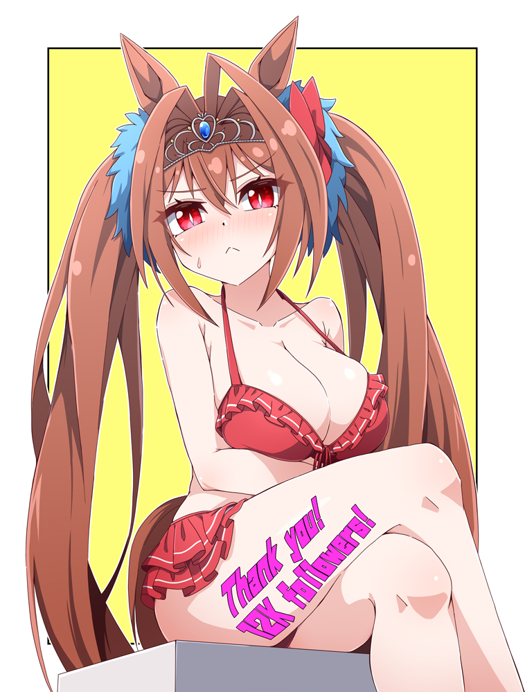 1girl animal_ears arms_under_breasts bare_shoulders bikini bikini_skirt blush box breasts brown_hair cleavage closed_mouth collarbone commentary_request crossed_arms crossed_legs daiwa_scarlet_(mini_vacation)_(umamusume) daiwa_scarlet_(umamusume) english_text frilled_bikini frills front-tie_bikini_top front-tie_top frown hair_between_eyes hair_intakes hair_ornament hair_ribbon hiro_(pqtks113) horse_ears horse_girl horse_tail large_breasts long_hair looking_at_viewer navel nose_blush official_alternate_costume on_box red_bikini red_eyes red_ribbon ribbon sitting sitting_on_box solo sweat sweatdrop swimsuit tail thank_you tiara twintails umamusume very_long_hair yellow_background