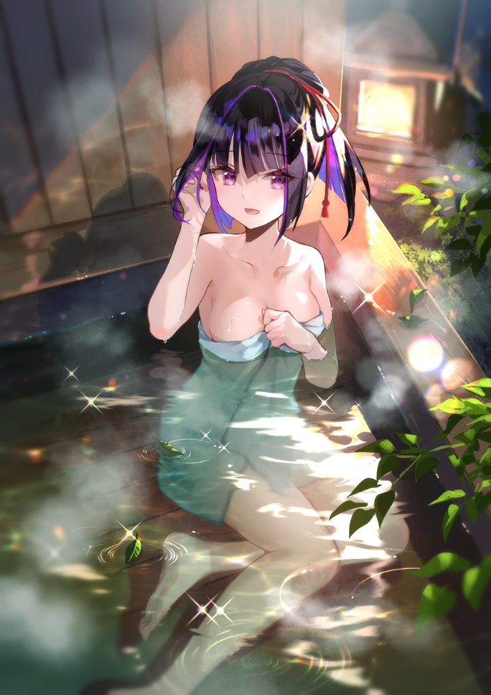 1girl bathing black_hair breasts fuzichoco karasuba_(prima_doll) long_hair medium_breasts multicolored_hair naked_towel onsen prima_doll_(anime) purple_eyes purple_hair smile solo steam streaked_hair towel