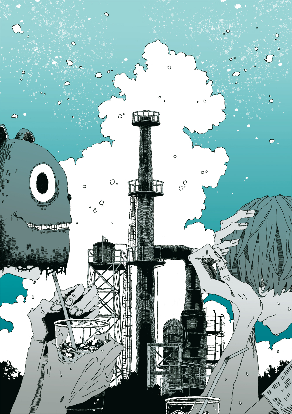 1boy 1other check_copyright cloud copyright_request cup drinking drinking_straw from_side green_background hands_on_own_face highres holding holding_cup male_focus mask monochrome original outdoors sakiyama8ma shirt short_sleeves smokestack sweat upper_body water_tower