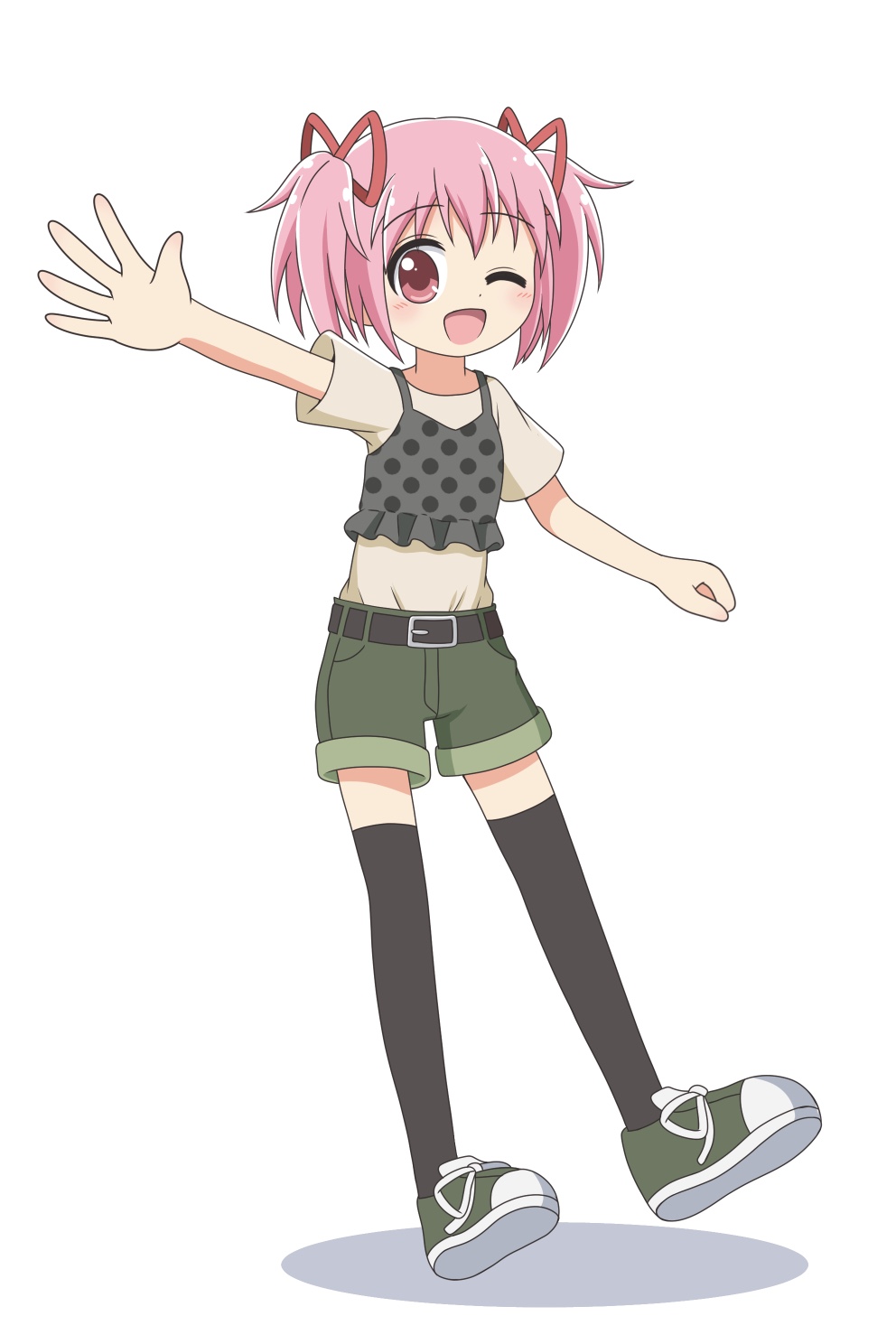 1girl alternate_costume arm_up belt belted_shorts black_tank_top black_thighhighs blush camisole casual commentary commission dot_nose drop_shadow green_shoes green_shorts hair_ribbon highres kaname_madoka kato-shun looking_to_the_side mahou_shoujo_madoka_magica one_eye_closed open_hand open_mouth outstretched_arm pink_eyes pink_hair pink_ribbon pixiv_commission polka_dot polka_dot_camisole ribbon shirt shirt_tucked_in shoes short_hair short_sleeves short_twintails shorts simple_background smile sneakers solo tank_top thighhighs twintails waving white_background yellow_shirt